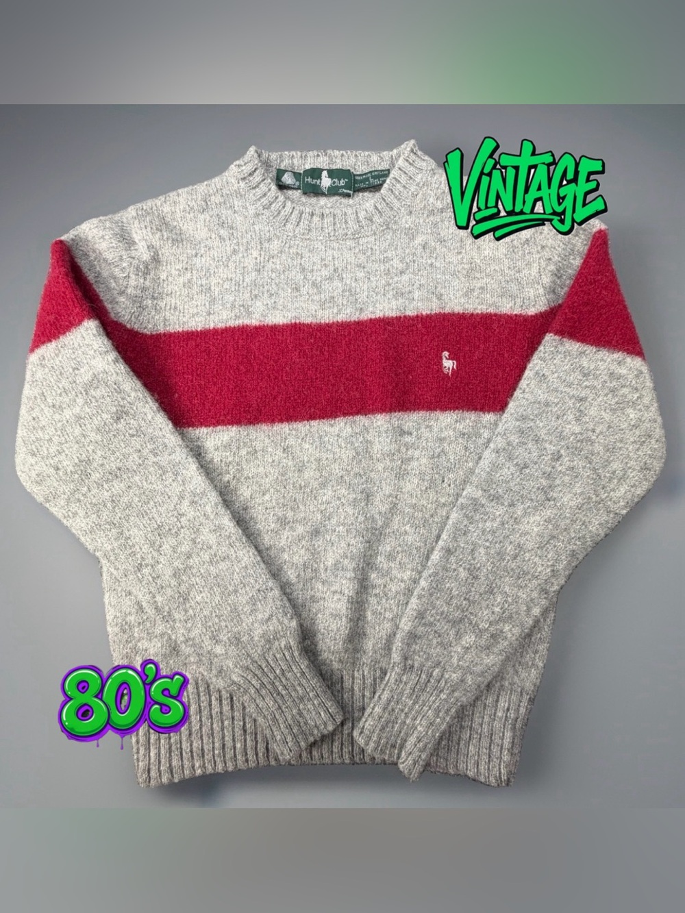 Hunt Club Sweater Womens L Gray Red Stripe Horse Logo Wool Shetland 17.5x21